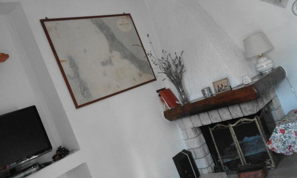 a living room with a fireplace and a picture on the wall at Casa Porticciolo in Rio Marina