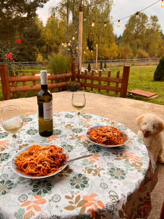 a table with two plates of pasta and a bottle of wine at Bobbie's Cottage - Bobijeva Vikendica in Antonići