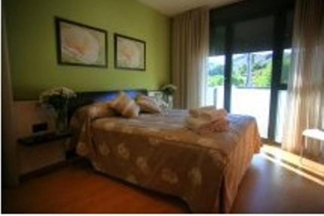 1 dormitorio con 1 cama en una habitación con ventana en Apartamentos Turísticos Can Rocamora, en Aren