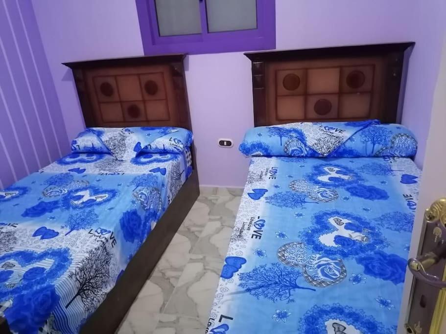 2 camas en una habitación con sábanas azules y blancas en Swan Nest, en Alejandría