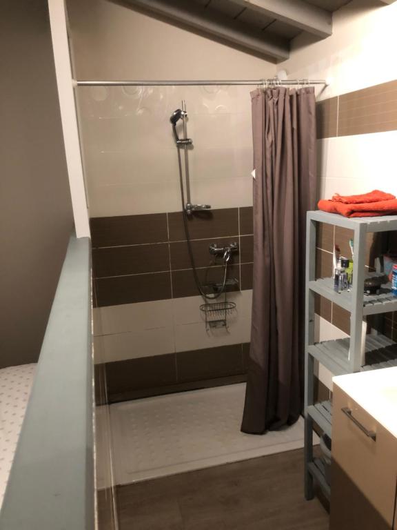 阿斯帕朗的住宿－La tanière，浴室铺有棕色和白色瓷砖,设有淋浴。