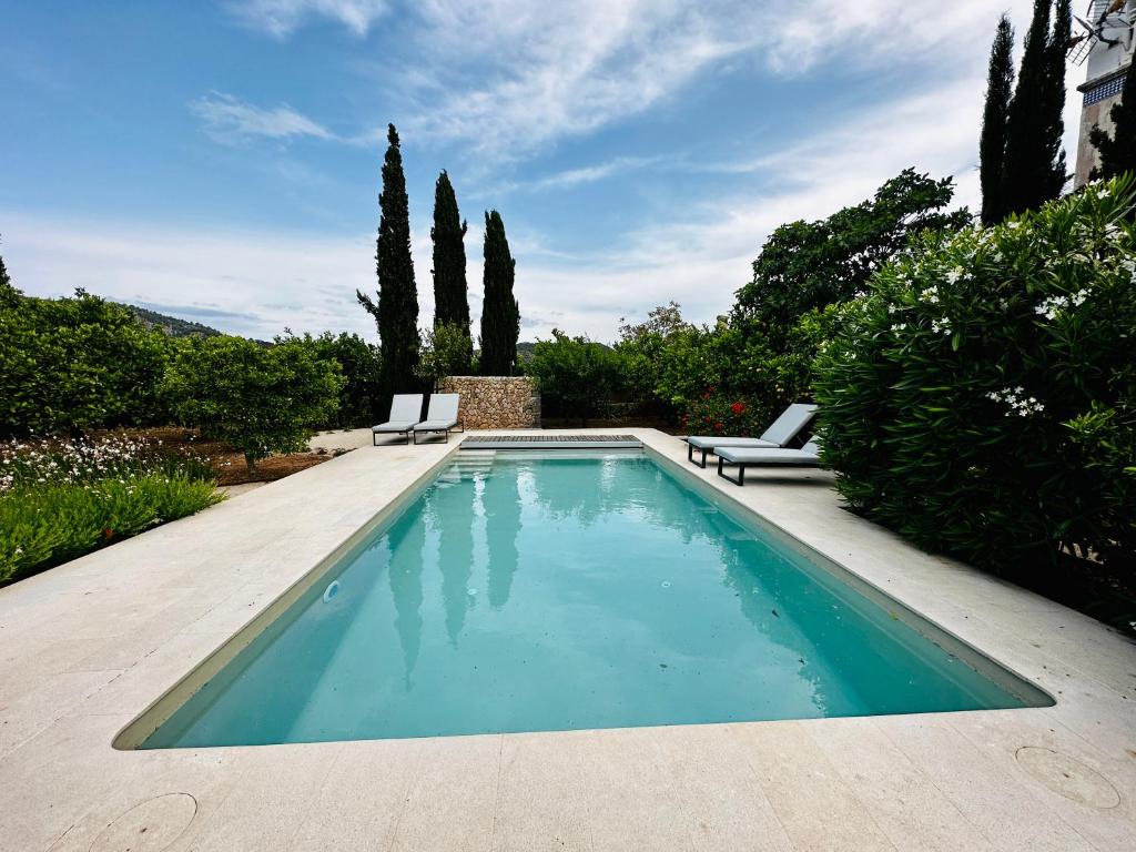 - une piscine avec 2 chaises longues et des arbres dans l'établissement La casa de las montañas, à Fornalutx