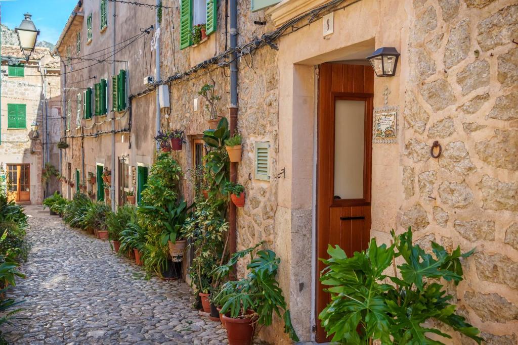 an alley in an old town with potted plants at VALL PETIT in Valldemossa