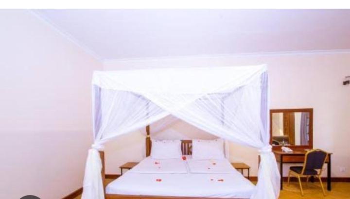 białe łóżko z baldachimem w pokoju w obiekcie UPENDO SAFARI LODGe w mieście Karatu