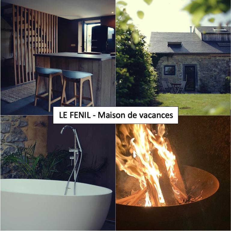 a collage of photos with a fire pit and a house at La petite Reuleau - Gites champêtre le "FENIL" et la "FERMETTE et son sauna privatif" in Ciney