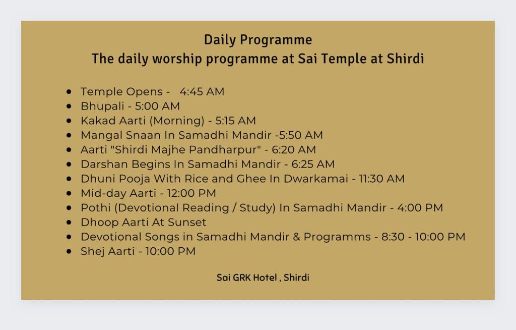 a list of the paid documents for the daily workshop programme at six temple at sh at GRK Hotel - Near Shri Saibaba Temple in Shirdi