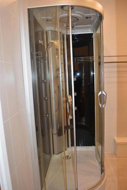 a shower in a bathroom with a glass door at Chateau Roquehort in Monein
