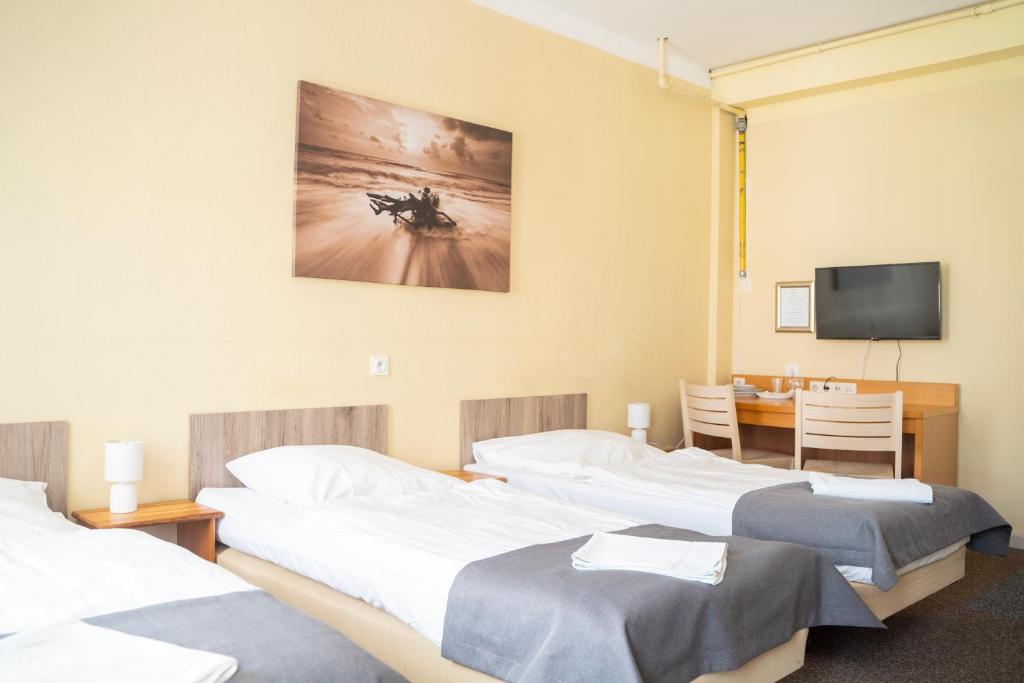 two beds in a room with a desk and a television at Hostel Krośnieńska 12 in Zielona Góra