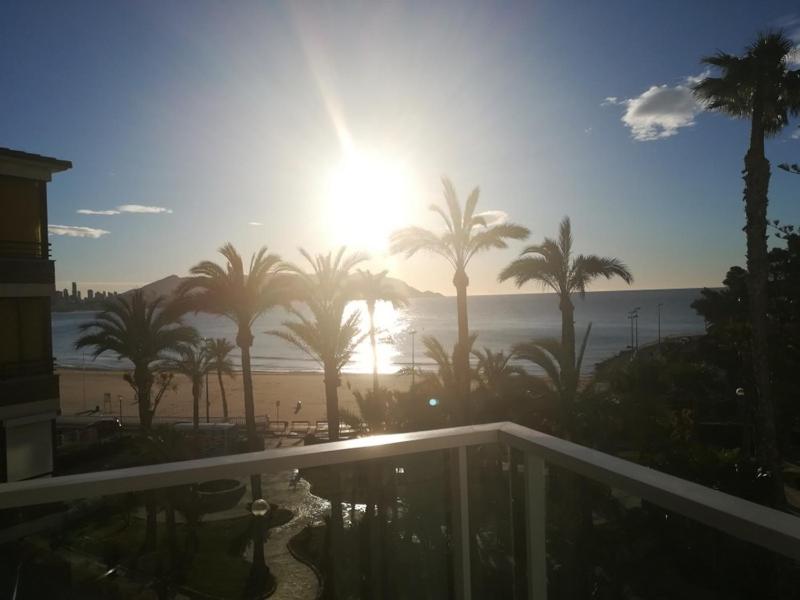 vistas a una playa con palmeras y sol en Apartamento Mirador de la Cala JPC, en Benidorm