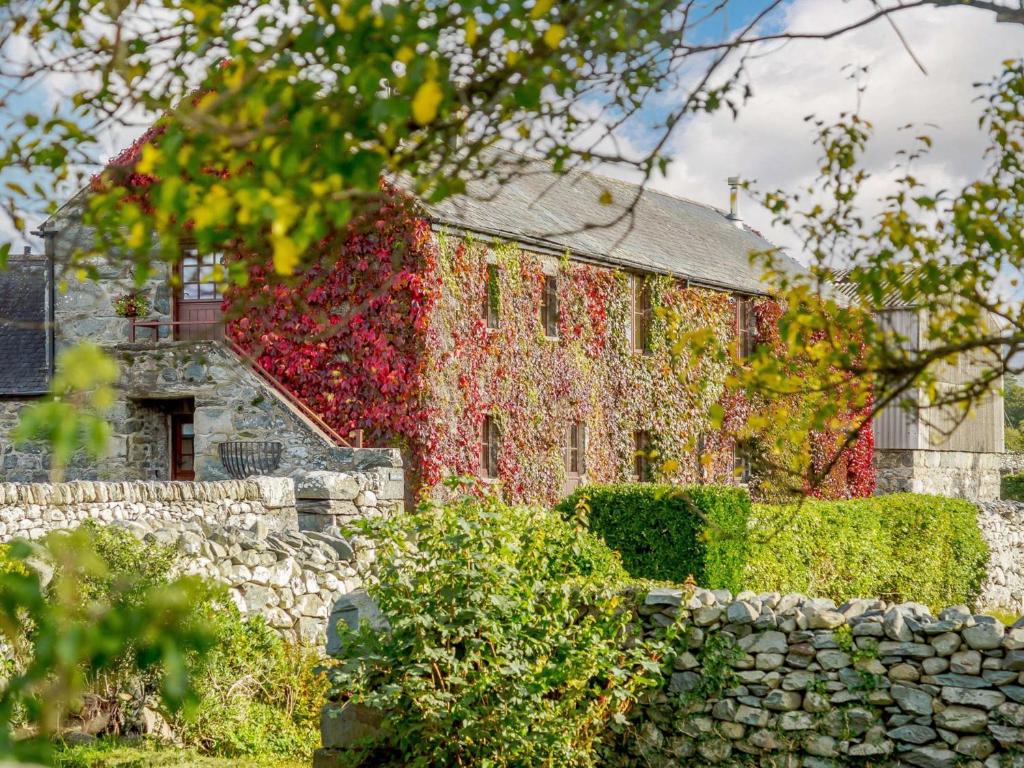 un bâtiment recouvert de lierre avec un mur en pierre dans l'établissement 1 Bed in Barmouth 89777, à Dyffryn