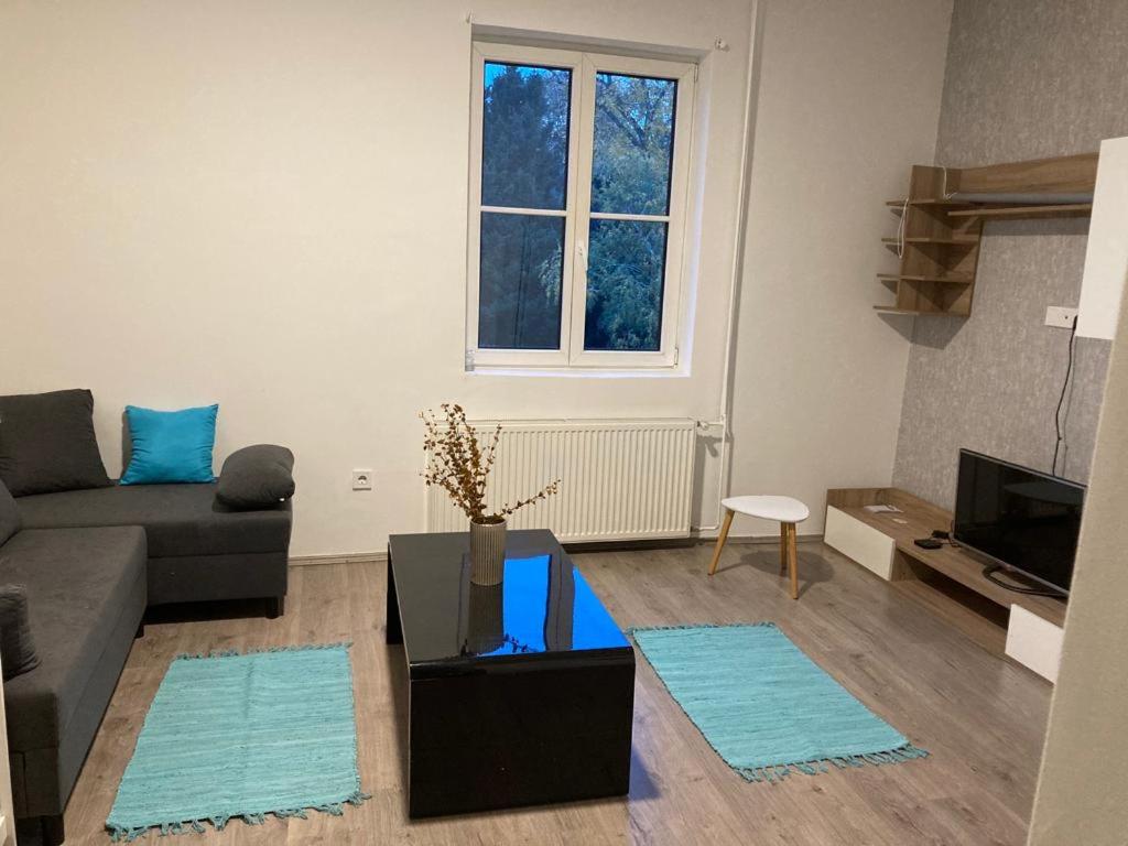 a living room with a couch and a tv at City Center Superb inside 3 Bedroom+Living room Apartment in Szombathely