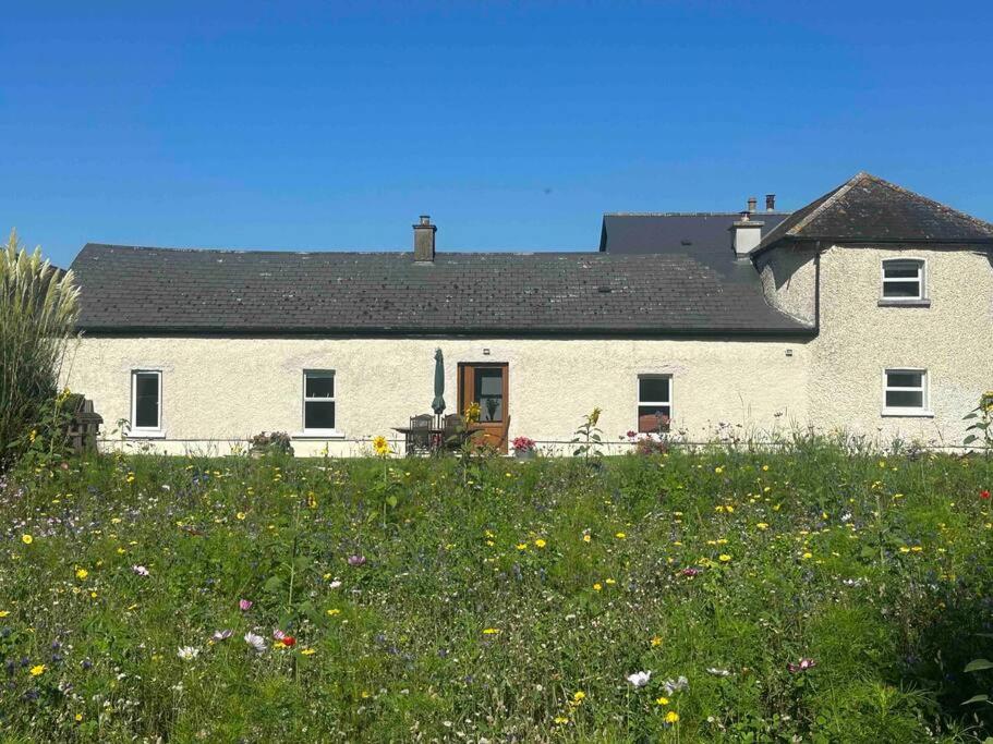 een groot wit huis met een bloemenveld bij Wildflower Cottage in Clonmel