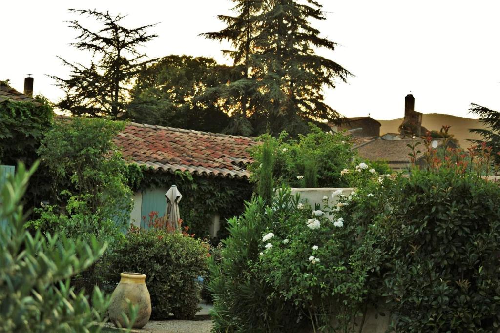 een tuin met een huis en wat struiken en bomen bij Le Chat Sur Le Toit in Lourmarin