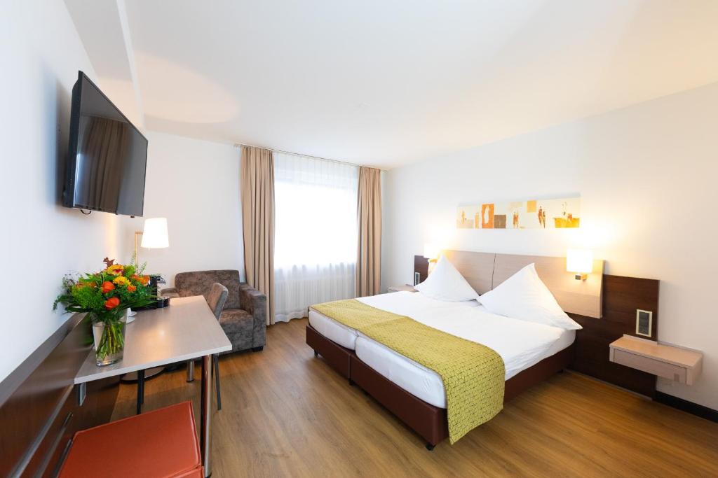 バーゼルにあるホテル アルファのベッドとテレビが備わるホテルルームです。