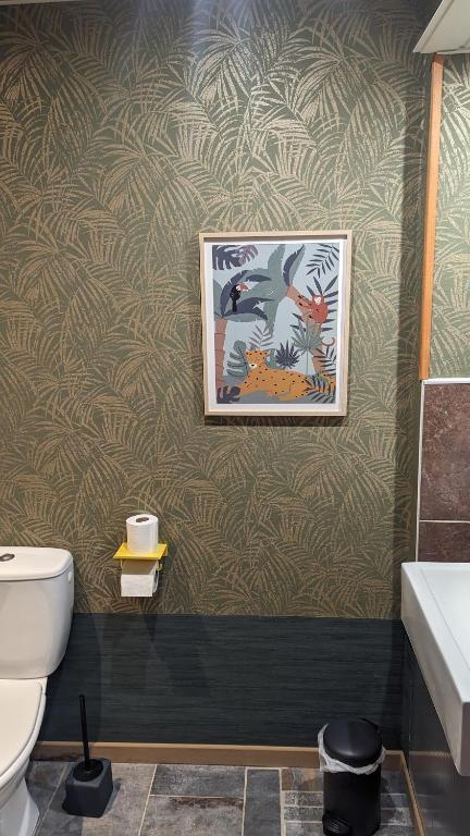 a bathroom with a toilet and a picture on the wall at Aux Écuries Des Pres in Nogent-sur-Seine