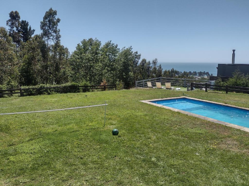 a soccer ball in the grass next to a pool at Pingueral Casa 07 in Dichato