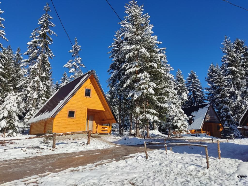 une cabine dans les bois dans la neige dans l'établissement Vila Rosana, à Pale