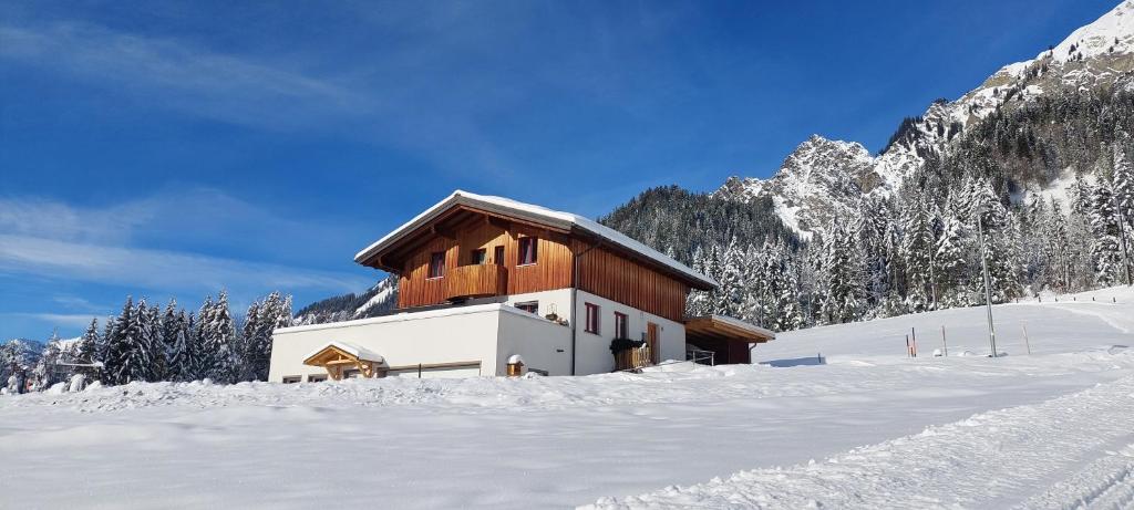 ein Gebäude im Schnee vor einem Berg in der Unterkunft Haus Adrian in Wald am Arlberg