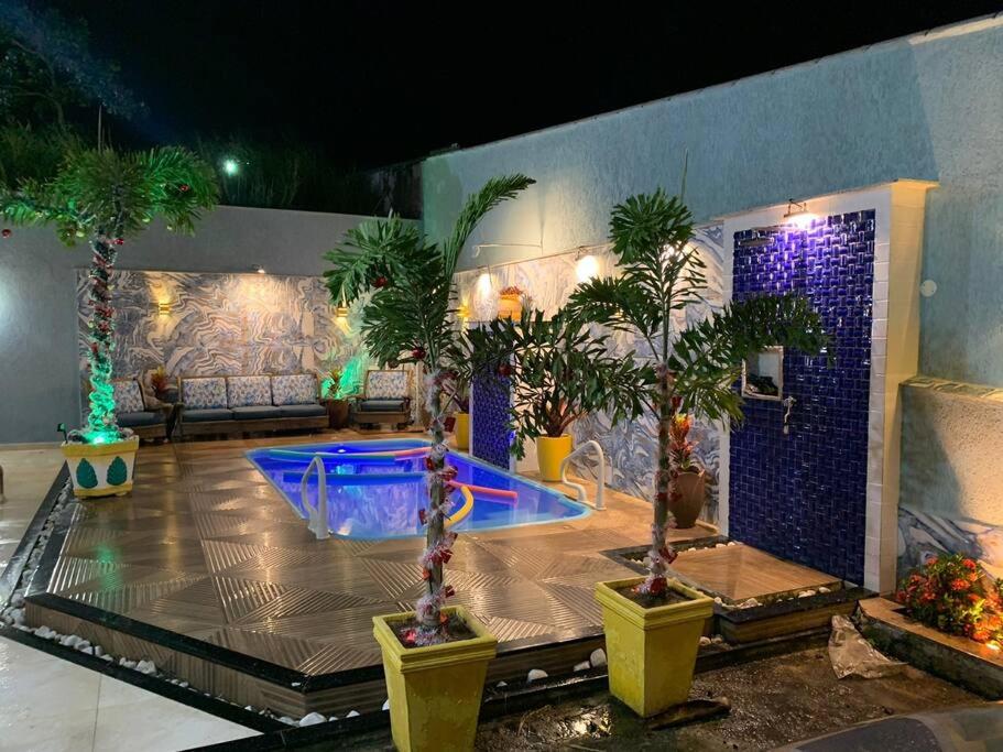 une maison avec une piscine bordée de palmiers. dans l'établissement Casa nova, piscina, área gourmet e muito conforto., à Iguaba Grande