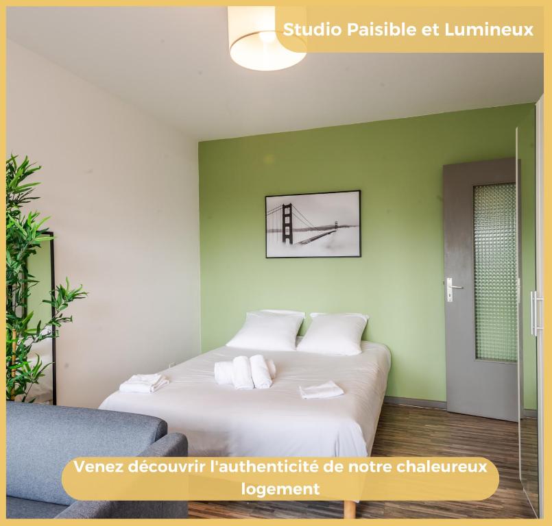 een slaapkamer met een bed en een groene muur bij Studio Paisible Annemasse in Annemasse