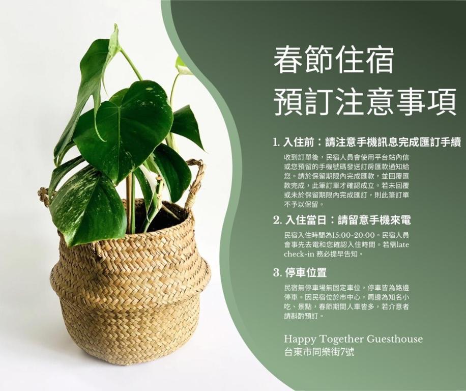 een plant in een mand naast een flyer bij Happy Together Guesthouse in Taitung