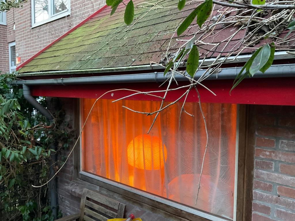 ein orangefarbenes Objekt im Fenster eines Hauses in der Unterkunft Tiny house for 2 with private garden in Utrecht