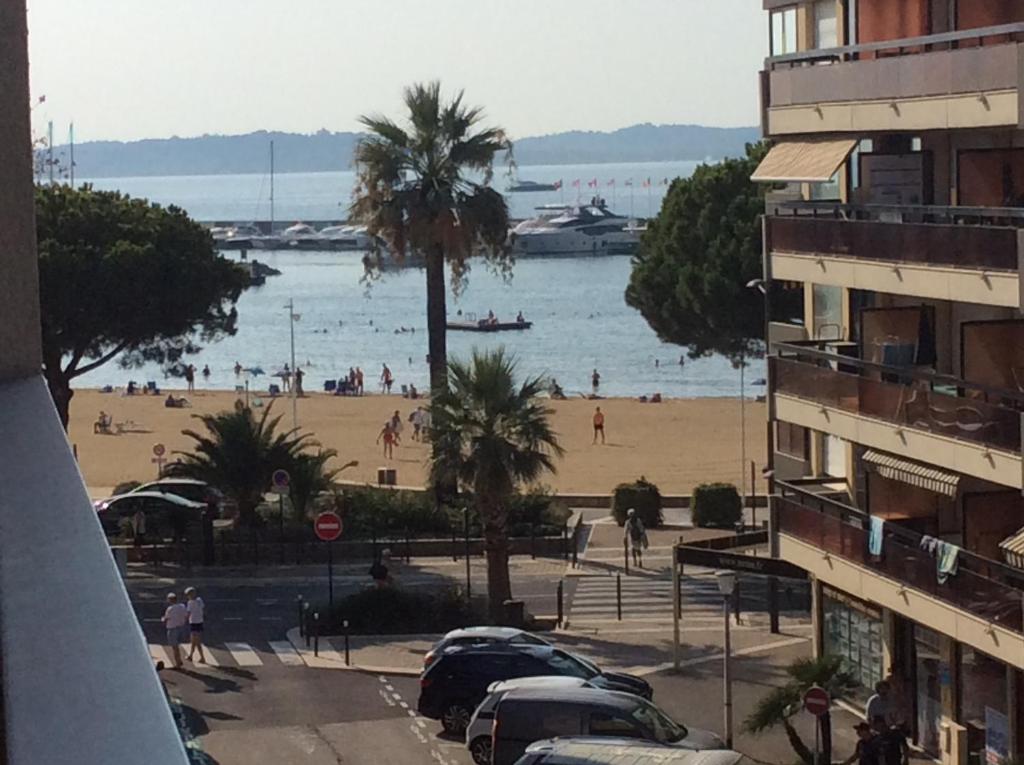 - une vue sur une plage bordée de palmiers et un bâtiment dans l'établissement Studio vue mer centre ville avec garage, à Sainte-Maxime
