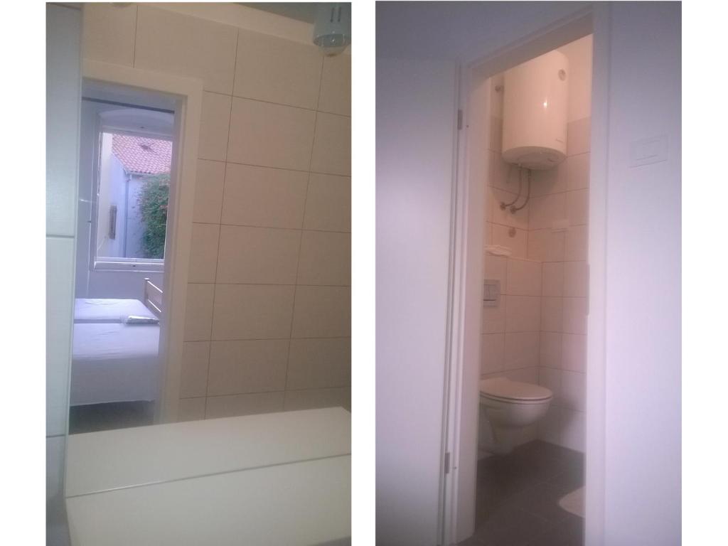 two pictures of a bathroom with a toilet and a sink at San Eleuterio Guesthouse in Poreč