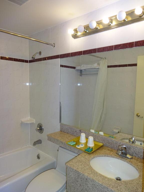 a bathroom with a sink and a toilet and a mirror at Flushing Hotel in Queens