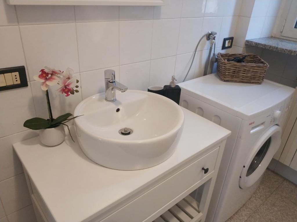 W łazience znajduje się biała umywalka i pralka. w obiekcie Casa Coralba w mieście Pawia