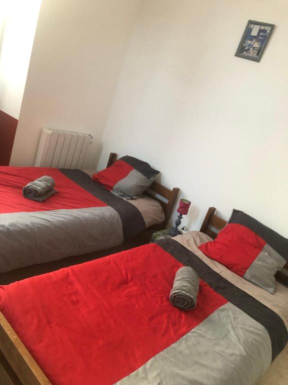 2 Betten in einem Zimmer mit rot und grau in der Unterkunft rest'hôtel l ardoise chambre N 2 in Augé