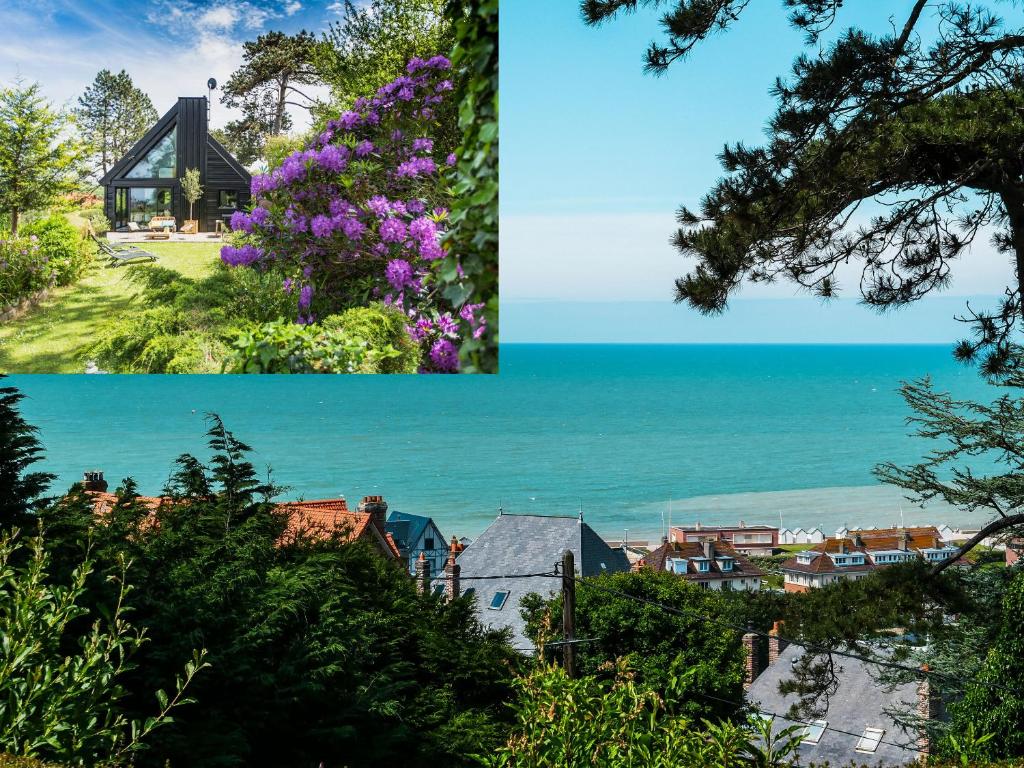 a collage of photos of the ocean and a house at Le Carré Vue Mer in Pourville-sur-Mer