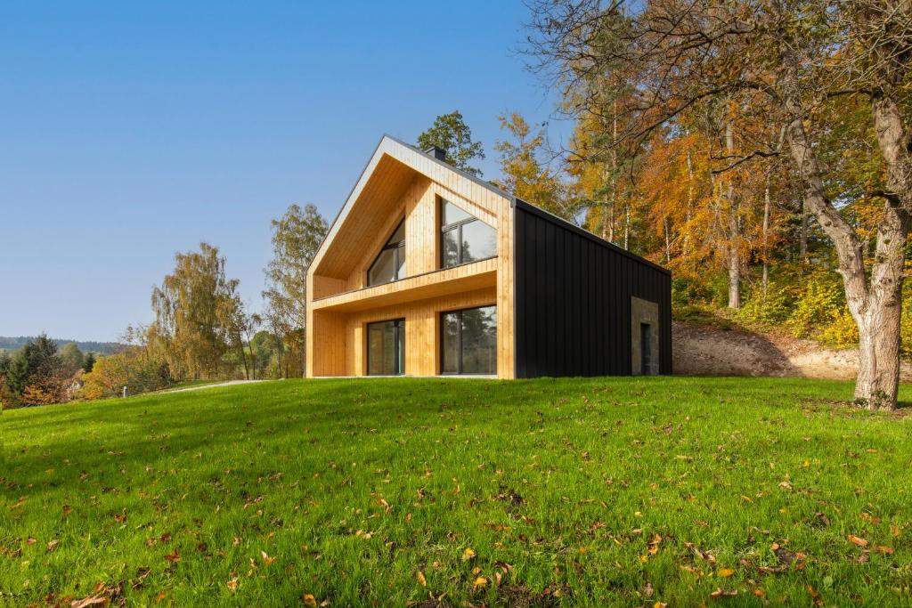 a house on top of a grassy hill at Forest Inn Berest in Berest