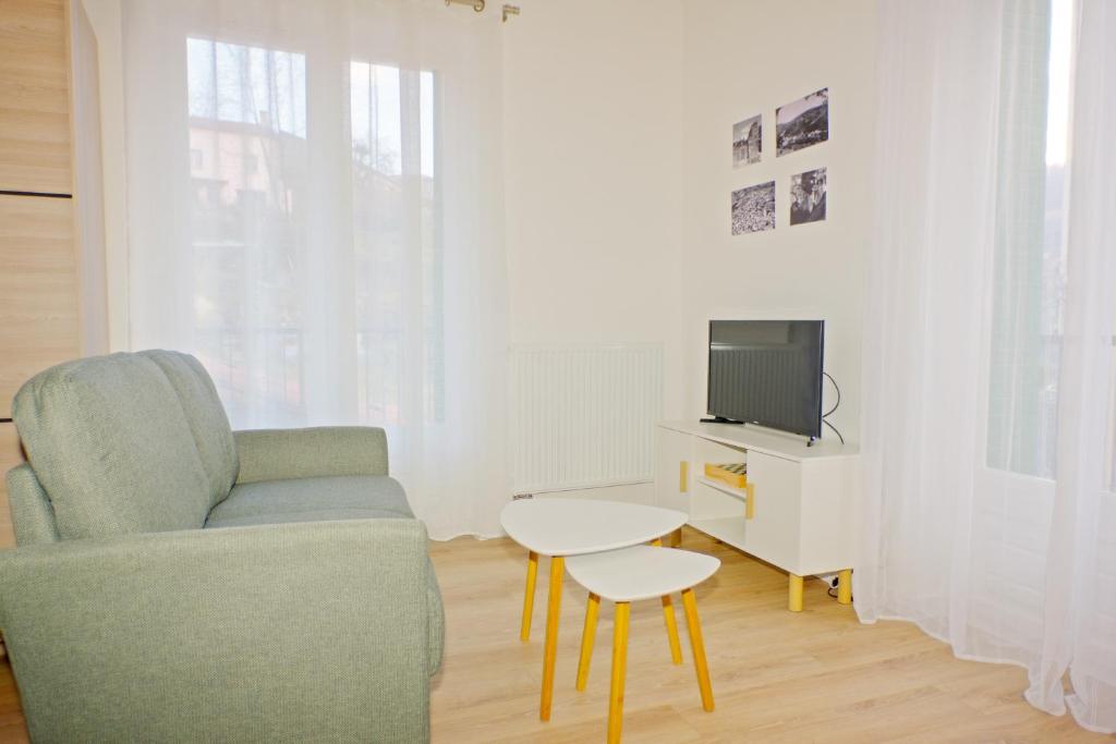 uma sala de estar com um sofá, uma mesa e uma televisão em Studio Bacivers em Prats-de-Mollo-la-Preste