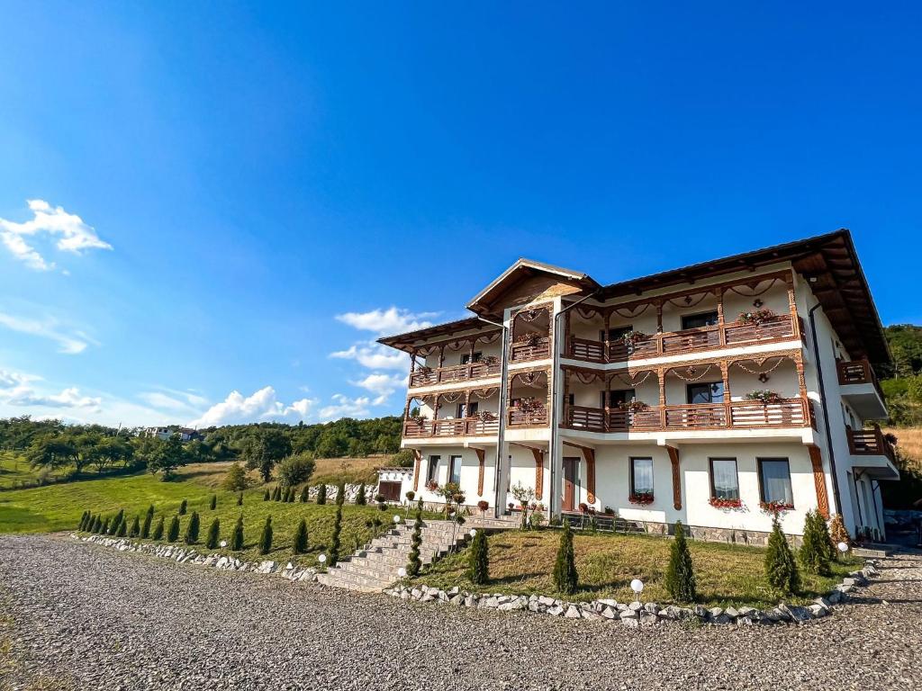 ein großes Haus auf einem Hügel mit Kieseinfahrt in der Unterkunft Pensiunea Hanul Morosenilor in Onceşti