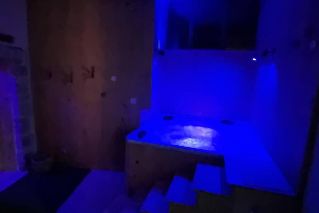 Vesseaux的住宿－Gite le 159 avec sauna et jacuzzi，一间深色客房,设有蓝色客房,配有浴缸。