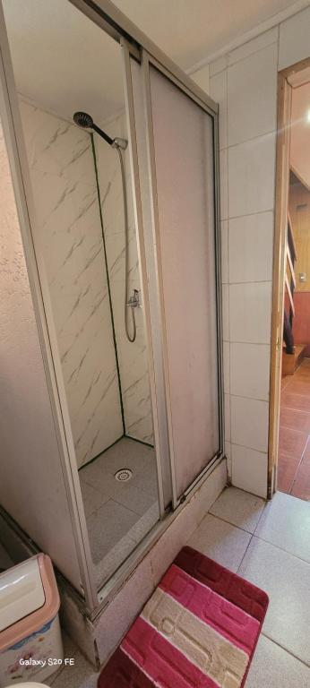a shower with a glass door in a bathroom at Casa acogedora in Valdivia