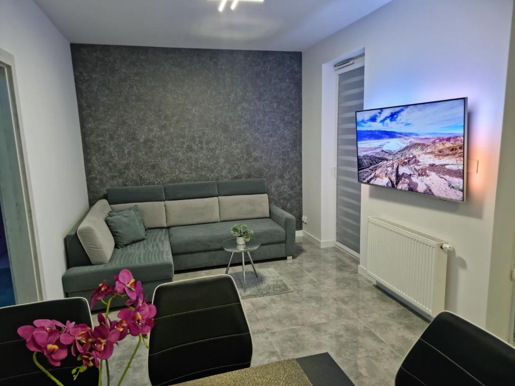 a living room with a couch and a tv on a wall at Apartment Kazimierza Wielkiego in Kętrzyn