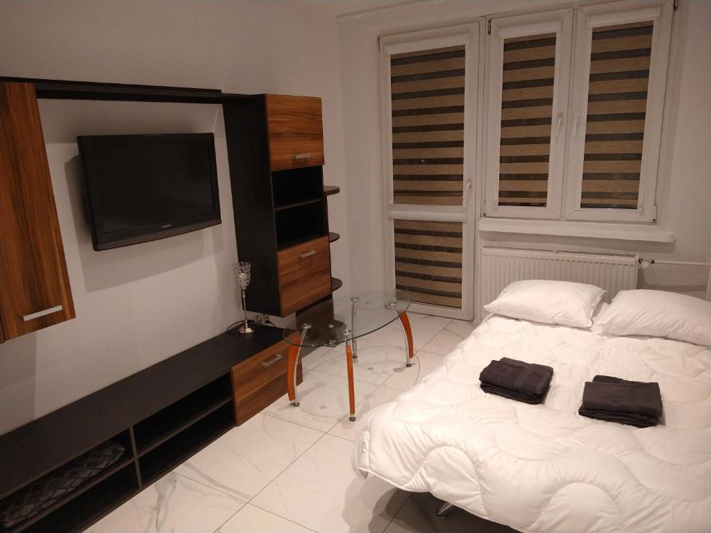 a bedroom with a bed and a flat screen tv at Trzy Korony Apartament in Nowy Sącz