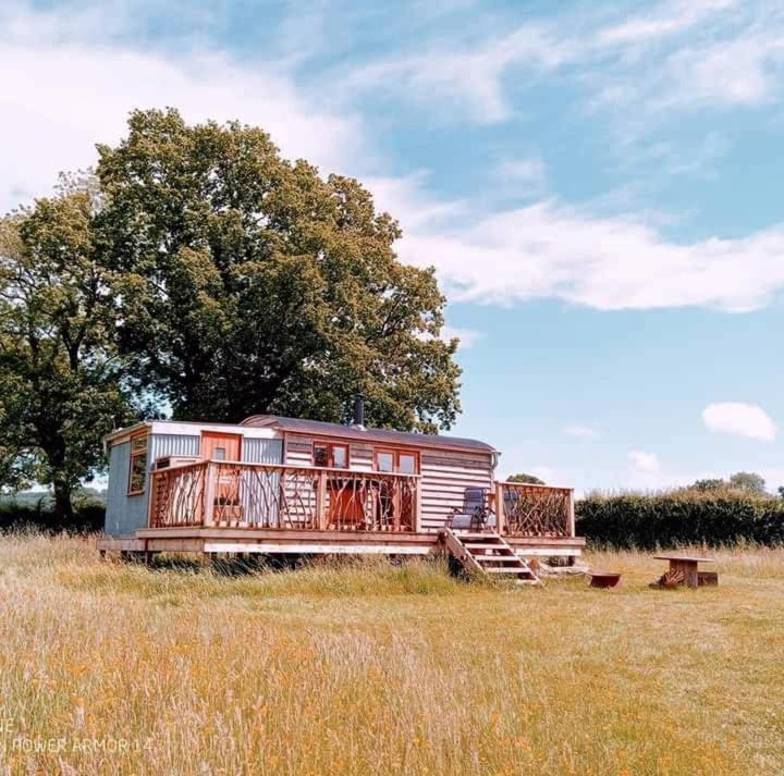 una cabaña sentada en un campo en el césped en River Meadow Retreat, en Uffculme