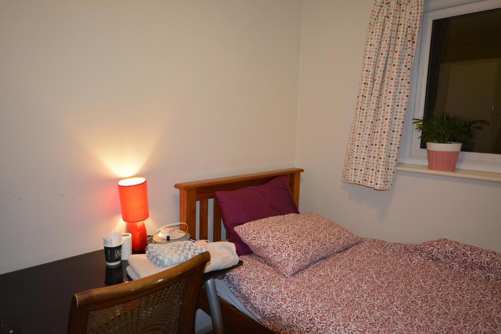 um quarto com uma cama e uma secretária com um candeeiro em Small single bed em Oxford