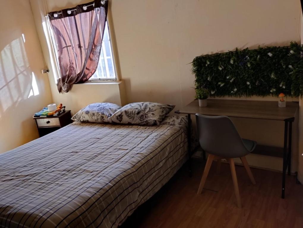 1 dormitorio con cama, escritorio y ventana en valle, en Copiapó