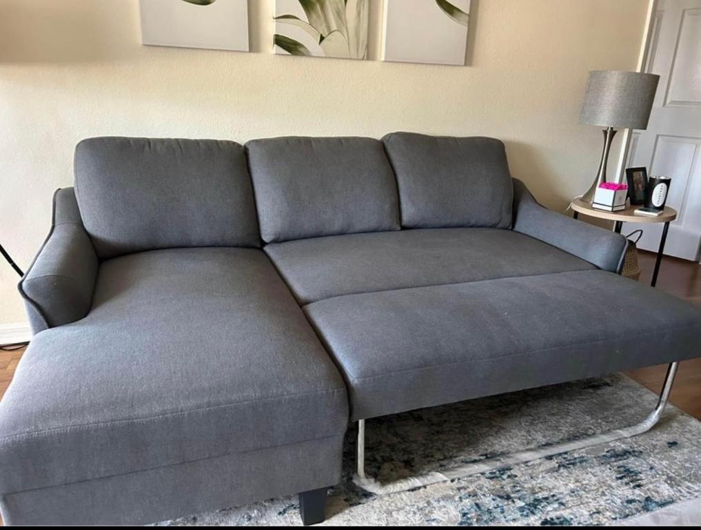 a grey couch in a living room with a rug at Escape getaway suite in Port Saint Lucie