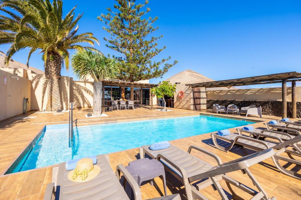 a swimming pool with chairs and a palm tree at Villa Santana in Conil