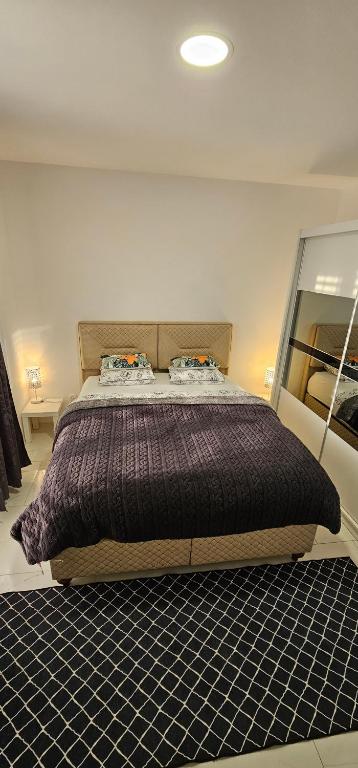 ein Schlafzimmer mit einem Bett mit einer lila Bettdecke in der Unterkunft MURIC Apartman 2 in Ljubljana