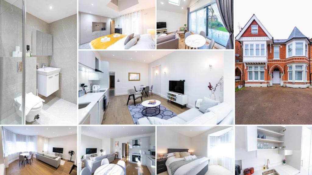 a collage of photos of a living room and a kitchen at Ealing Residency in London