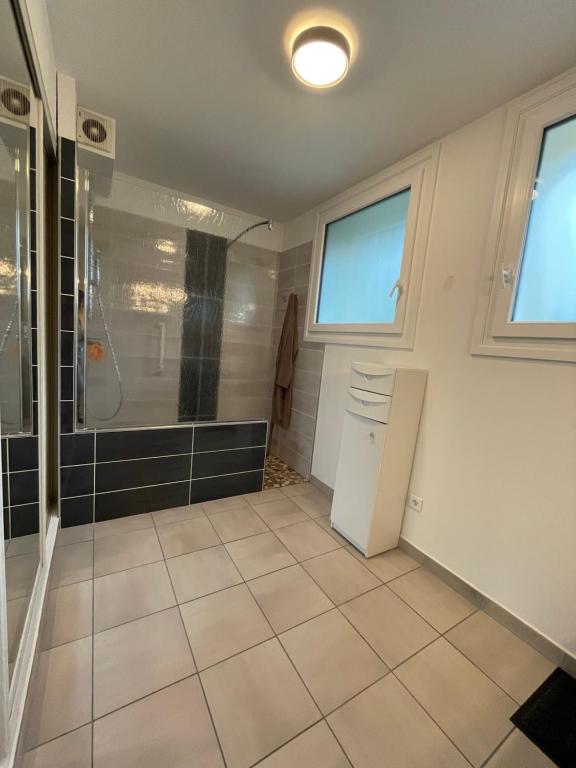 a bathroom with a shower and a refrigerator at Chalet Barcelonnette - location saisonnière in Barcelonnette