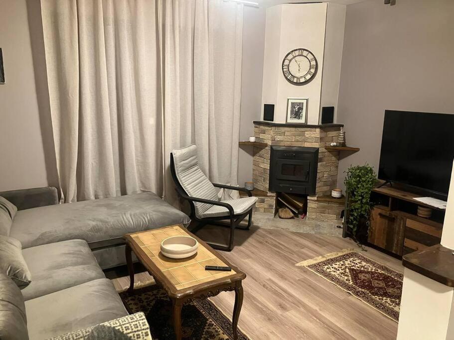 ein Wohnzimmer mit einem Sofa und einem Kamin in der Unterkunft Къща за гости В 12 и 5 in Dolna Banya