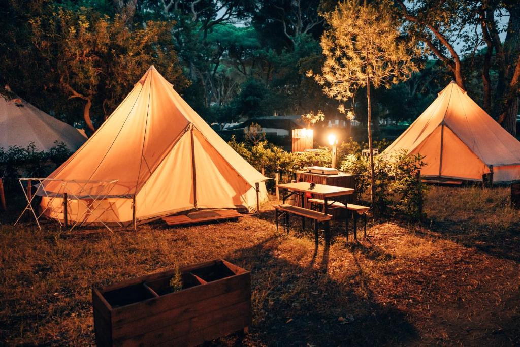 two tents and a table in a field at night at Pigna Felice Le Marze in Marina di Grosseto