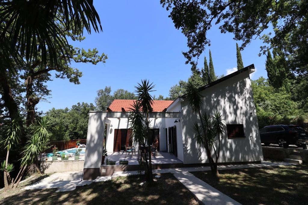 een wit huis met palmbomen ervoor bij Pool Villa Topla in Herceg-Novi